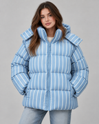 Women's Striped Hooded Puffer Jacket - Oversized Zip-Up Fit