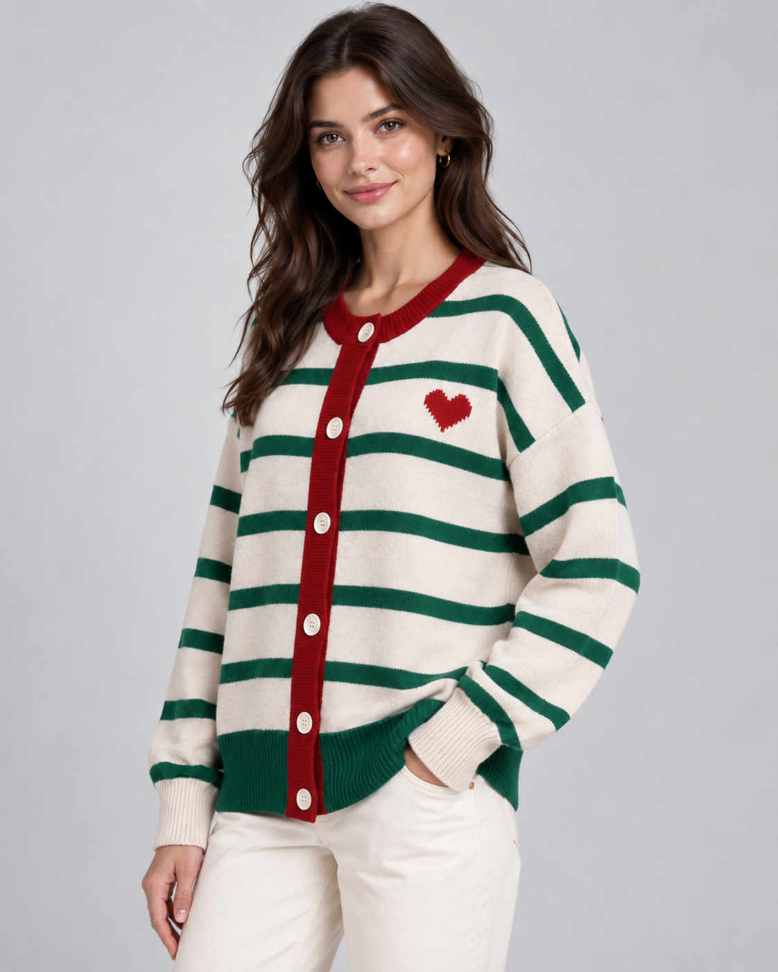 Women's Striped Knit Cardigan – Button Front Heart Detail Relaxed Fit