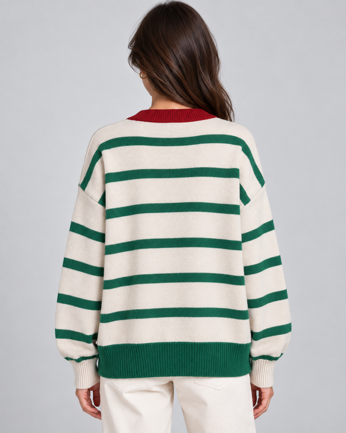 Women's Striped Knit Cardigan – Button Front Heart Detail Relaxed Fit