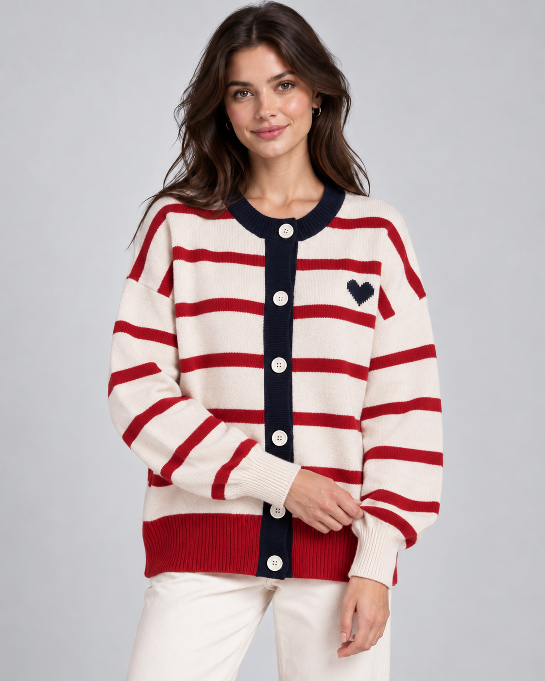 Women's Striped Knit Cardigan – Button Front Heart Detail Relaxed Fit