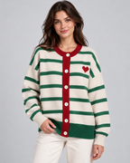 Women's Striped Knit Cardigan – Button Front Heart Detail Relaxed Fit