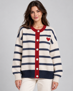 Women's Striped Knit Cardigan – Button Front Heart Detail Relaxed Fit