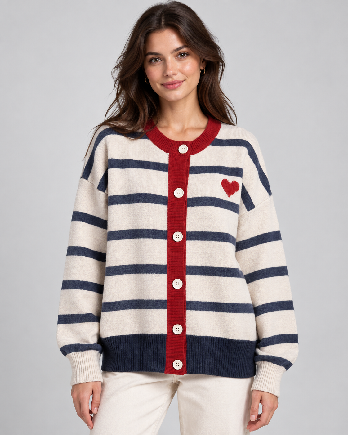 Women's Striped Knit Cardigan – Button Front Heart Detail Relaxed Fit
