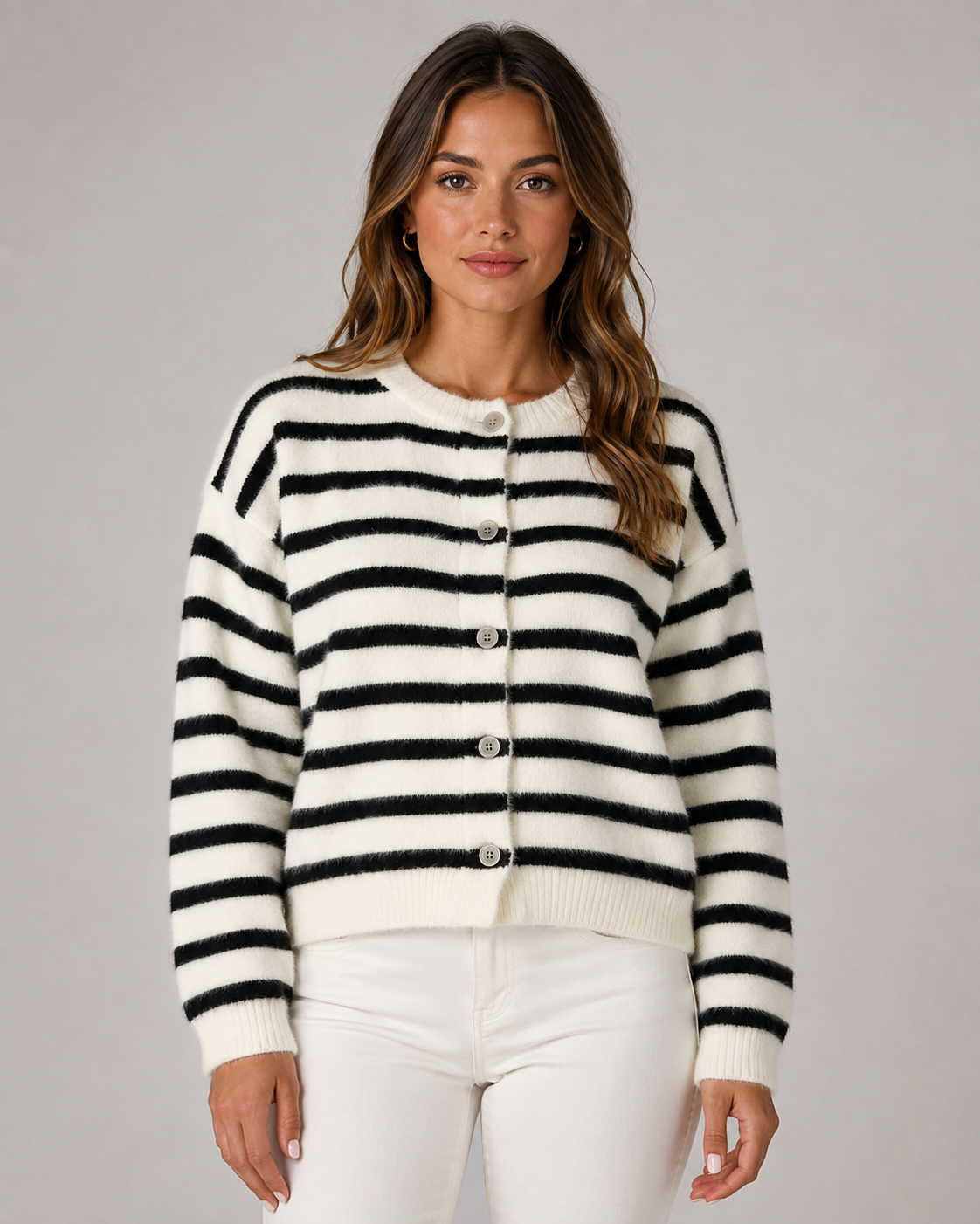 Women's Striped Knit Cardigan - Button Front Relaxed Fit