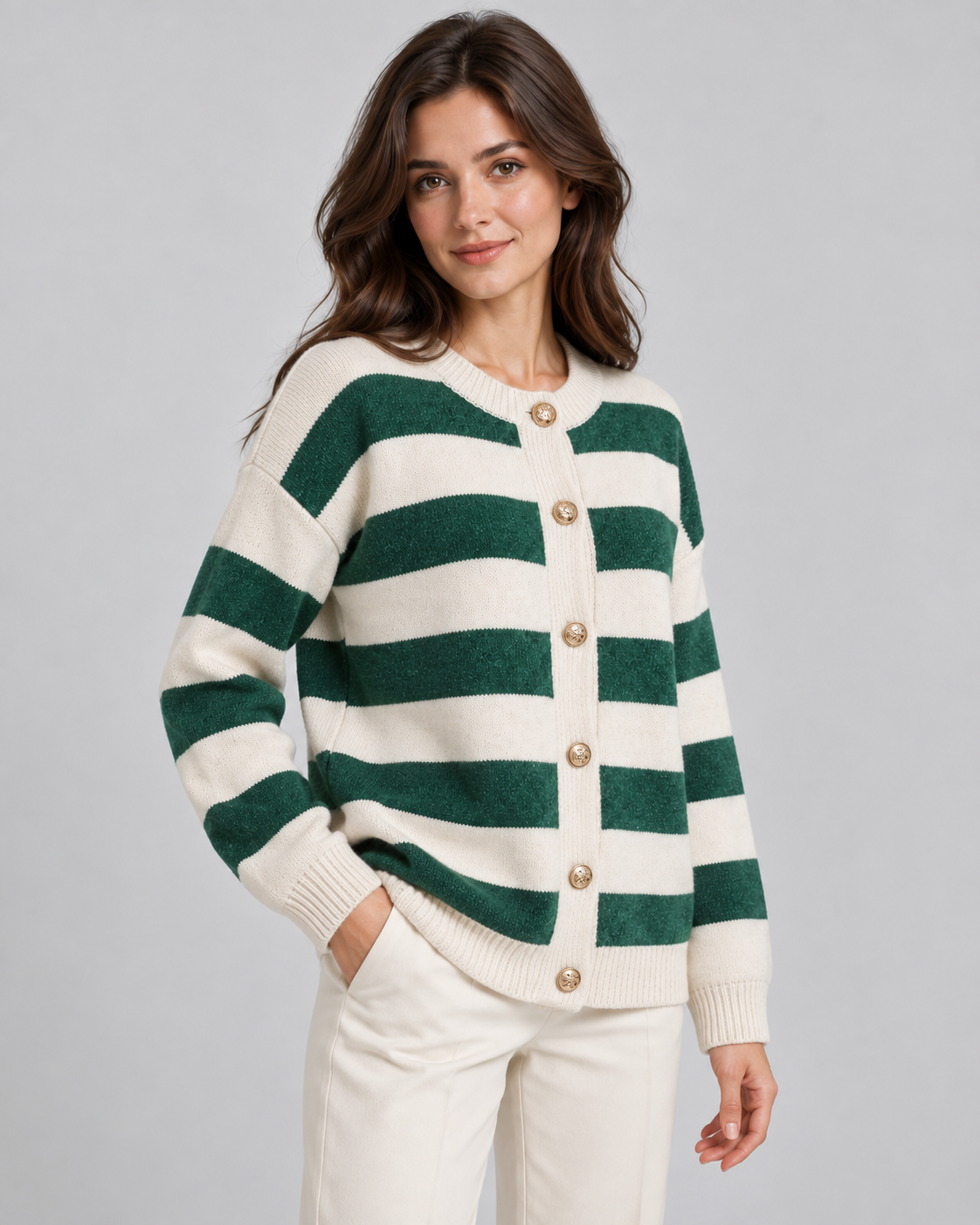 Women's Striped Knit Cardigan - Crew Neck Gold Button Relaxed Fit