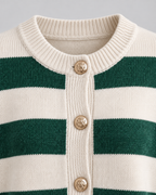 Women's Striped Knit Cardigan - Crew Neck Gold Button Relaxed Fit