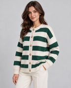 Women's Striped Knit Cardigan - Crew Neck Gold Button Relaxed Fit
