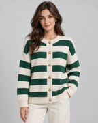 Women's Striped Knit Cardigan - Crew Neck Gold Button Relaxed Fit