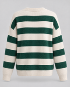 Women's Striped Knit Cardigan - Crew Neck Gold Button Relaxed Fit