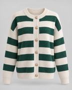 Women's Striped Knit Cardigan - Crew Neck Gold Button Relaxed Fit