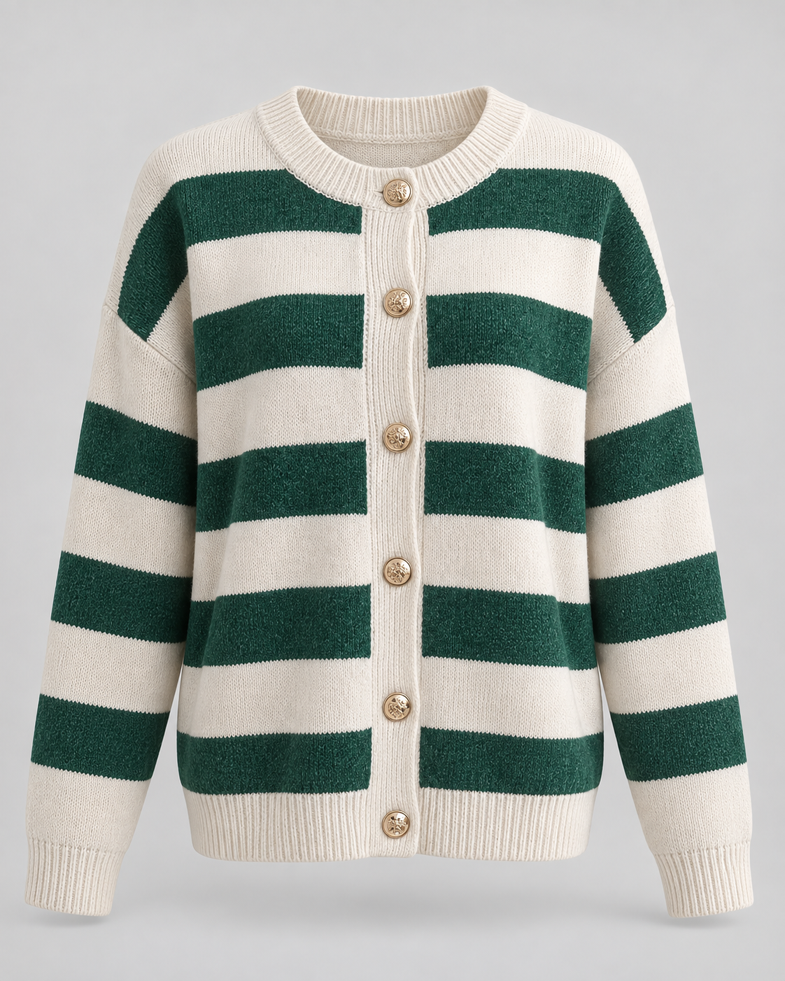 Women's Striped Knit Cardigan - Crew Neck Gold Button Relaxed Fit