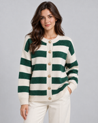Women's Striped Knit Cardigan - Crew Neck Gold Button Relaxed Fit
