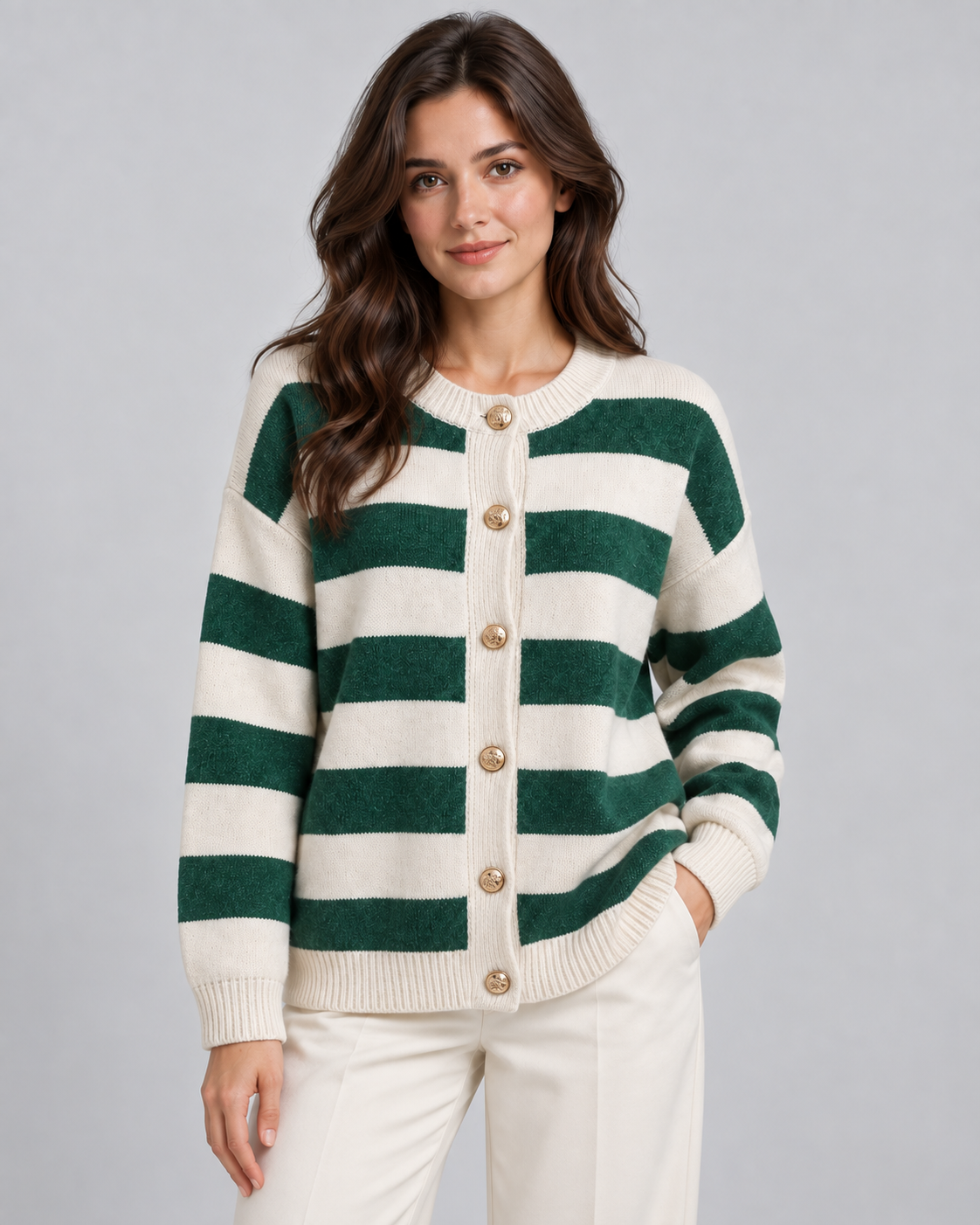 Women's Striped Knit Cardigan - Crew Neck Gold Button Relaxed Fit