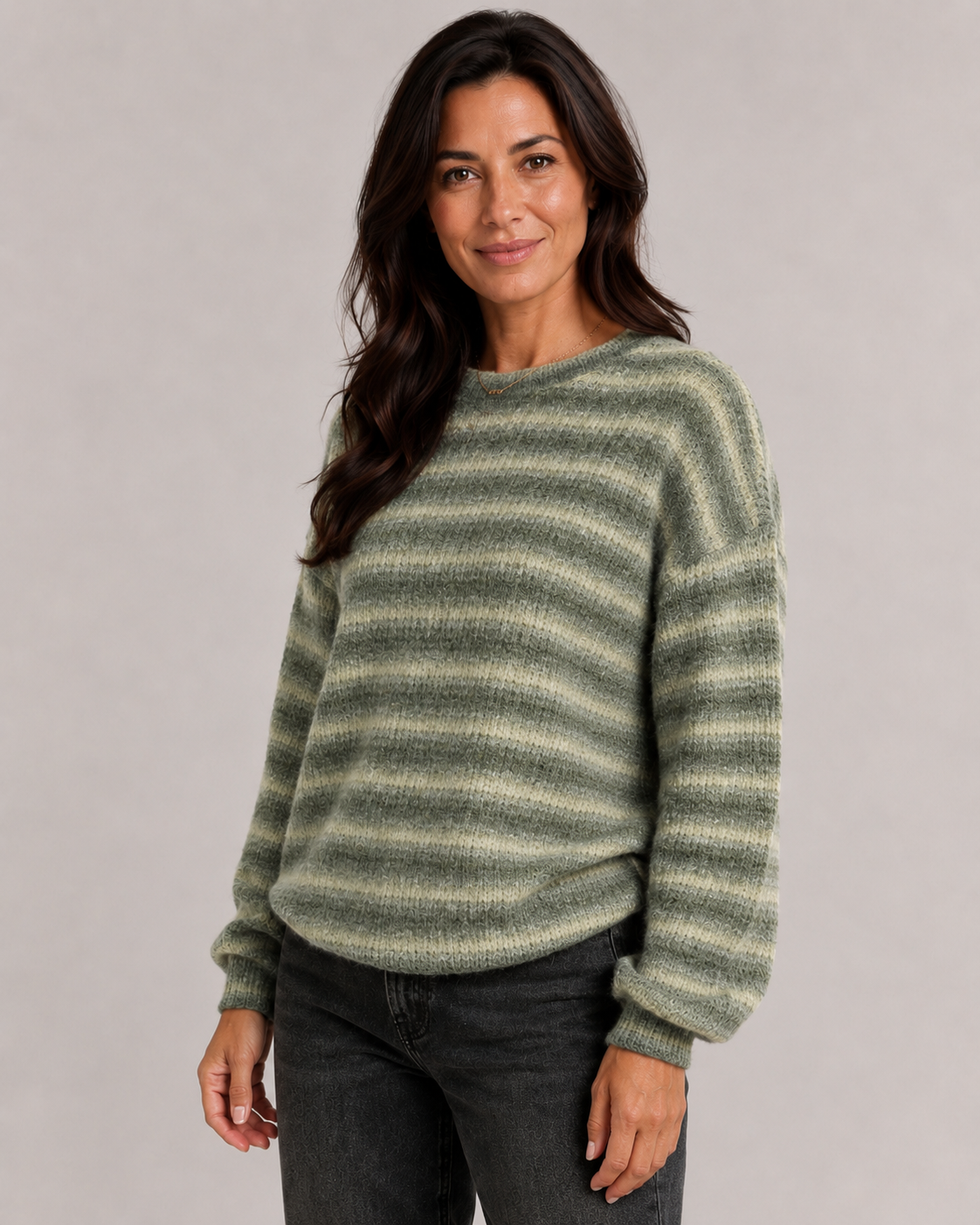 Women's Striped Knit Sweater – Fuzzy Crew Neck Relaxed Fit