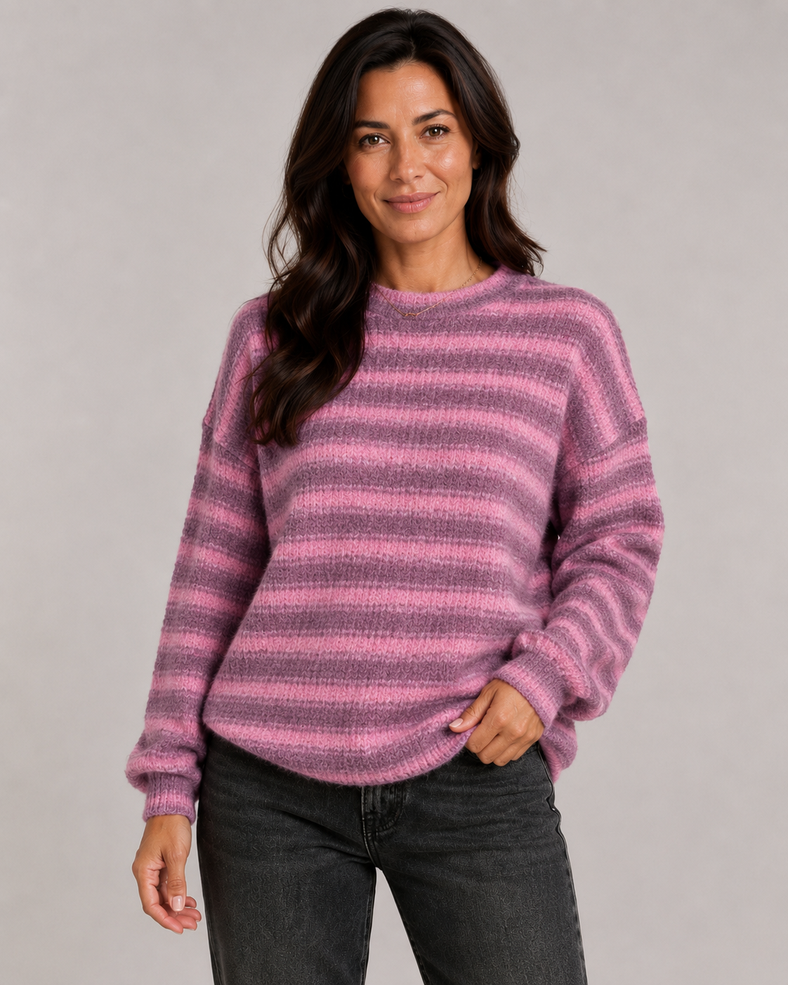 Women's Striped Knit Sweater – Fuzzy Crew Neck Relaxed Fit