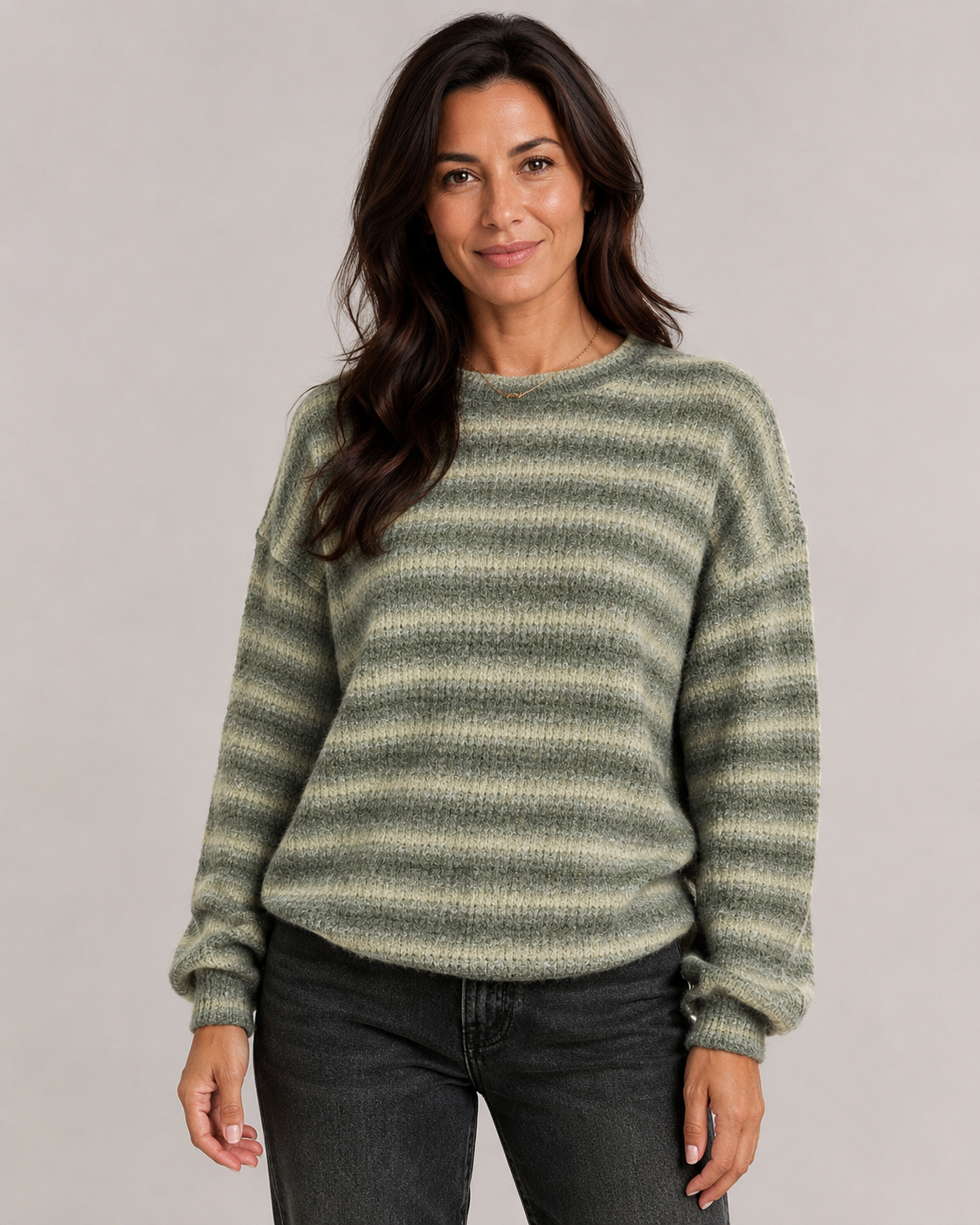 Women's Striped Knit Sweater – Fuzzy Crew Neck Relaxed Fit