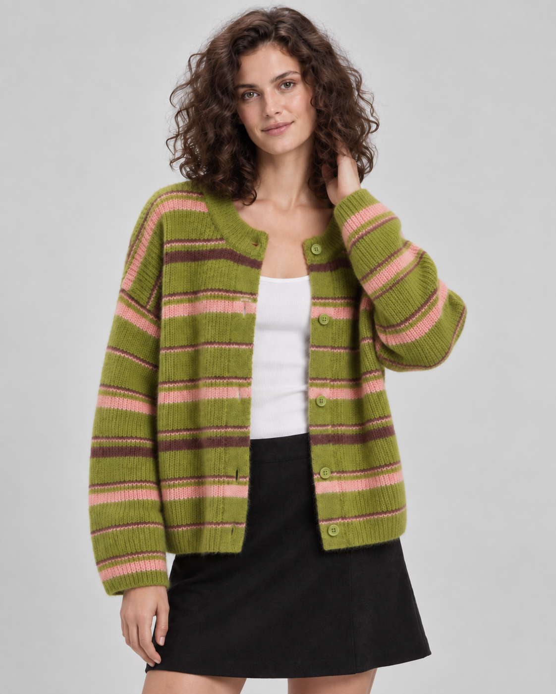Women's Striped Knitted Cardigan – Button Front Relaxed Fit