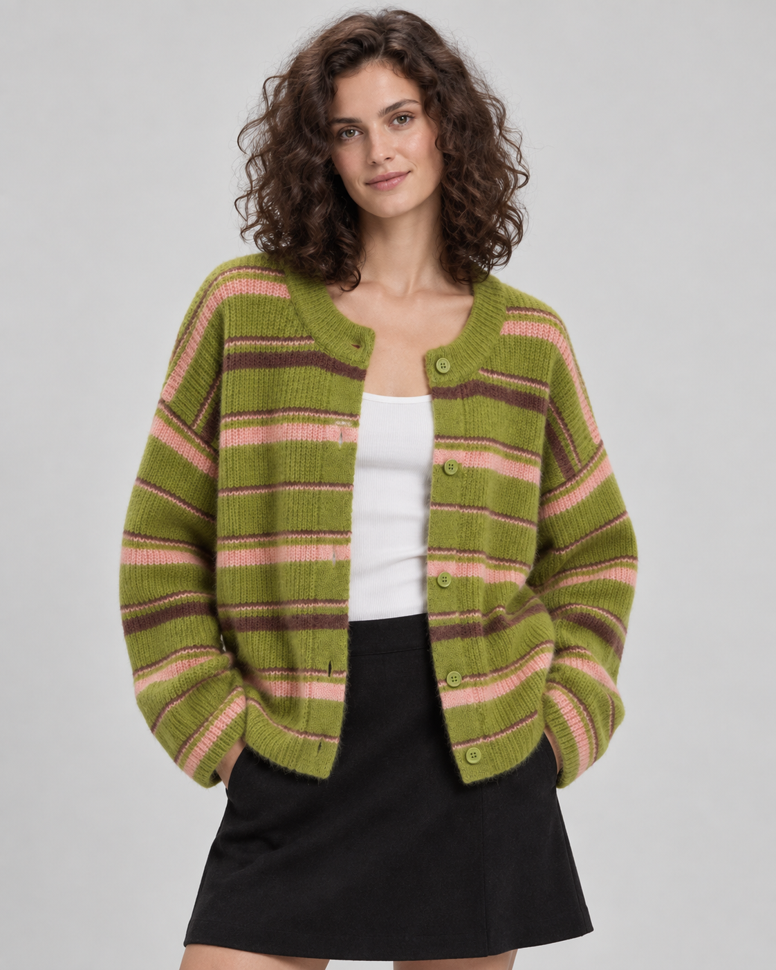 Women's Striped Knitted Cardigan – Button Front Relaxed Fit