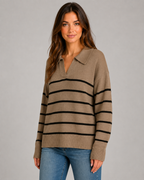 Women's Striped Knitted Polo Sweater - Open Collar Relaxed Fit