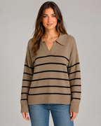 Women's Striped Knitted Polo Sweater - Open Collar Relaxed Fit
