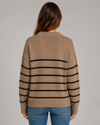 Women's Striped Knitted Polo Sweater - Open Collar Relaxed Fit