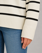 Women's Striped Knitted Polo Sweater - Open Collar Relaxed Fit