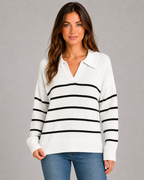 Women's Striped Knitted Polo Sweater - Open Collar Relaxed Fit