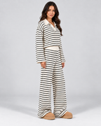 Women's Striped Knitted Two Piece Set – Polo Top & Wide Leg Pants