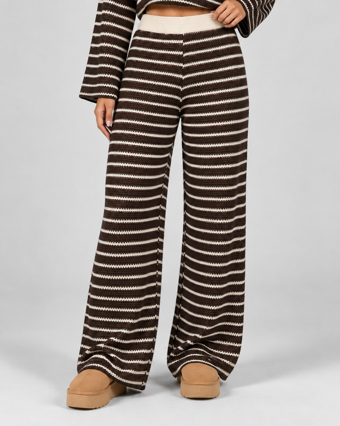 Women's Striped Knitted Two Piece Set – Polo Top & Wide Leg Pants