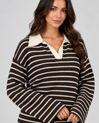 Women's Striped Knitted Two Piece Set – Polo Top & Wide Leg Pants