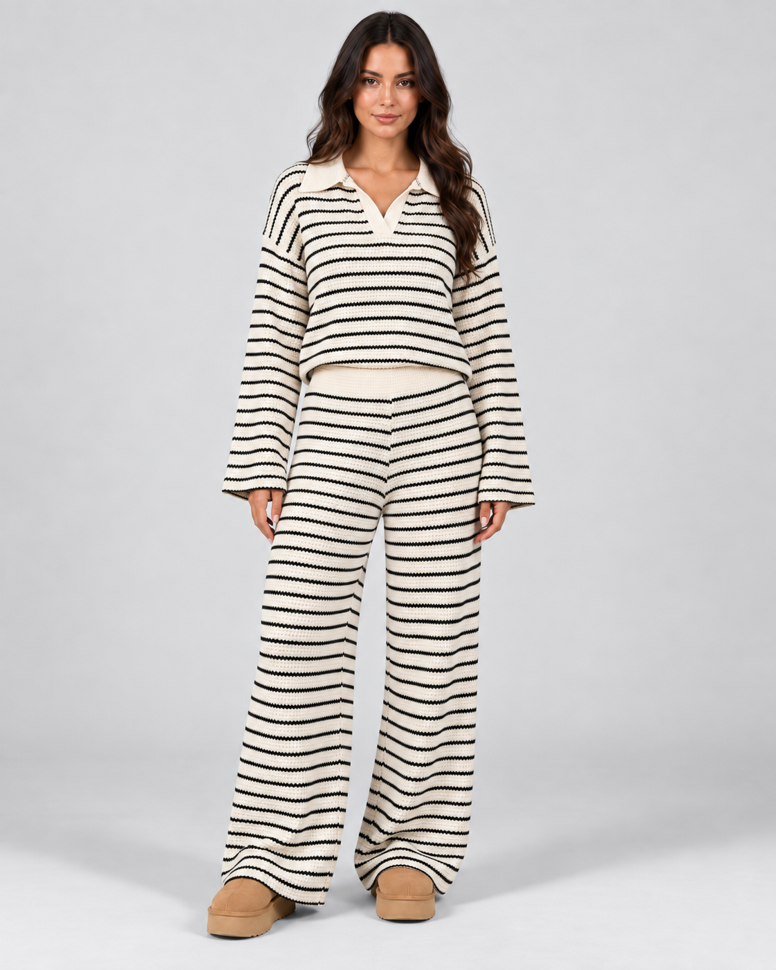 Women's Striped Knitted Two Piece Set – Polo Top & Wide Leg Pants