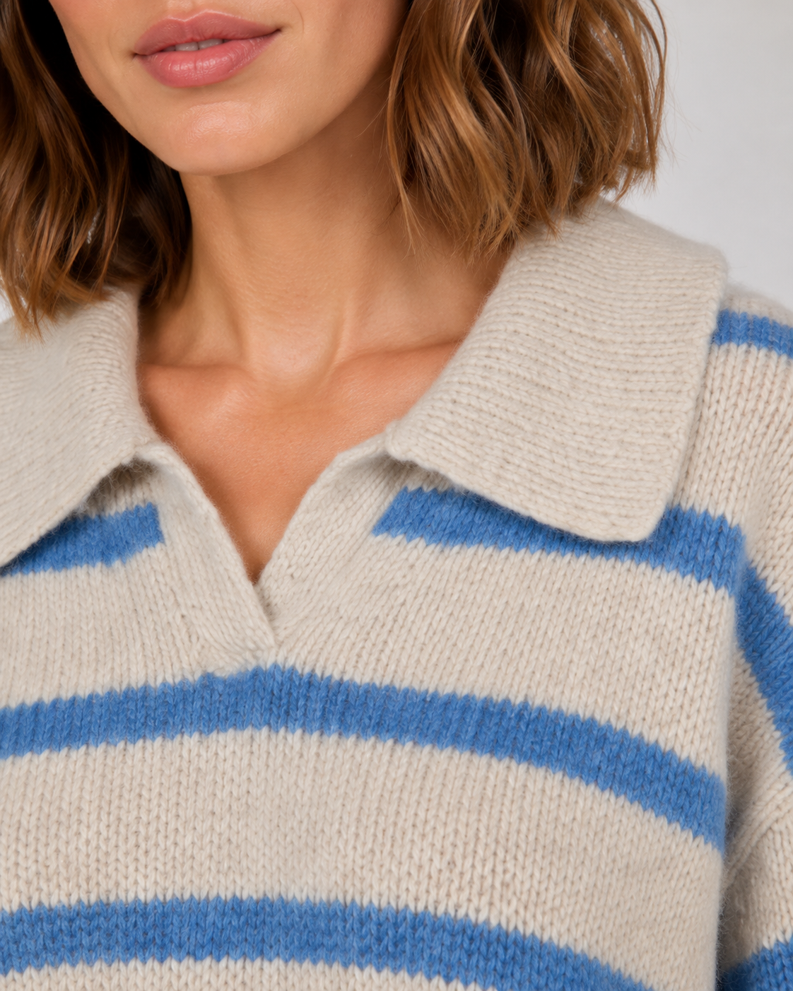 Women's Striped Polo Collar Knit Sweater - Relaxed Fit