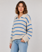 Women's Striped Polo Collar Knit Sweater - Relaxed Fit
