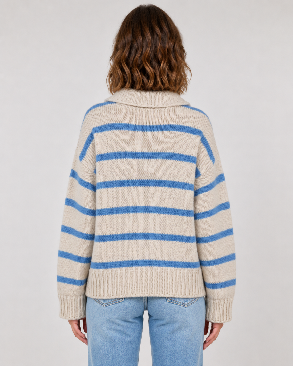 Women's Striped Polo Collar Knit Sweater - Relaxed Fit