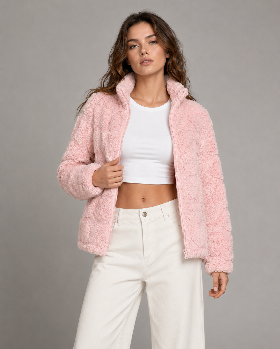 Women's Teddy Fleece Zip-Up Jacket - Pink Heart Pattern