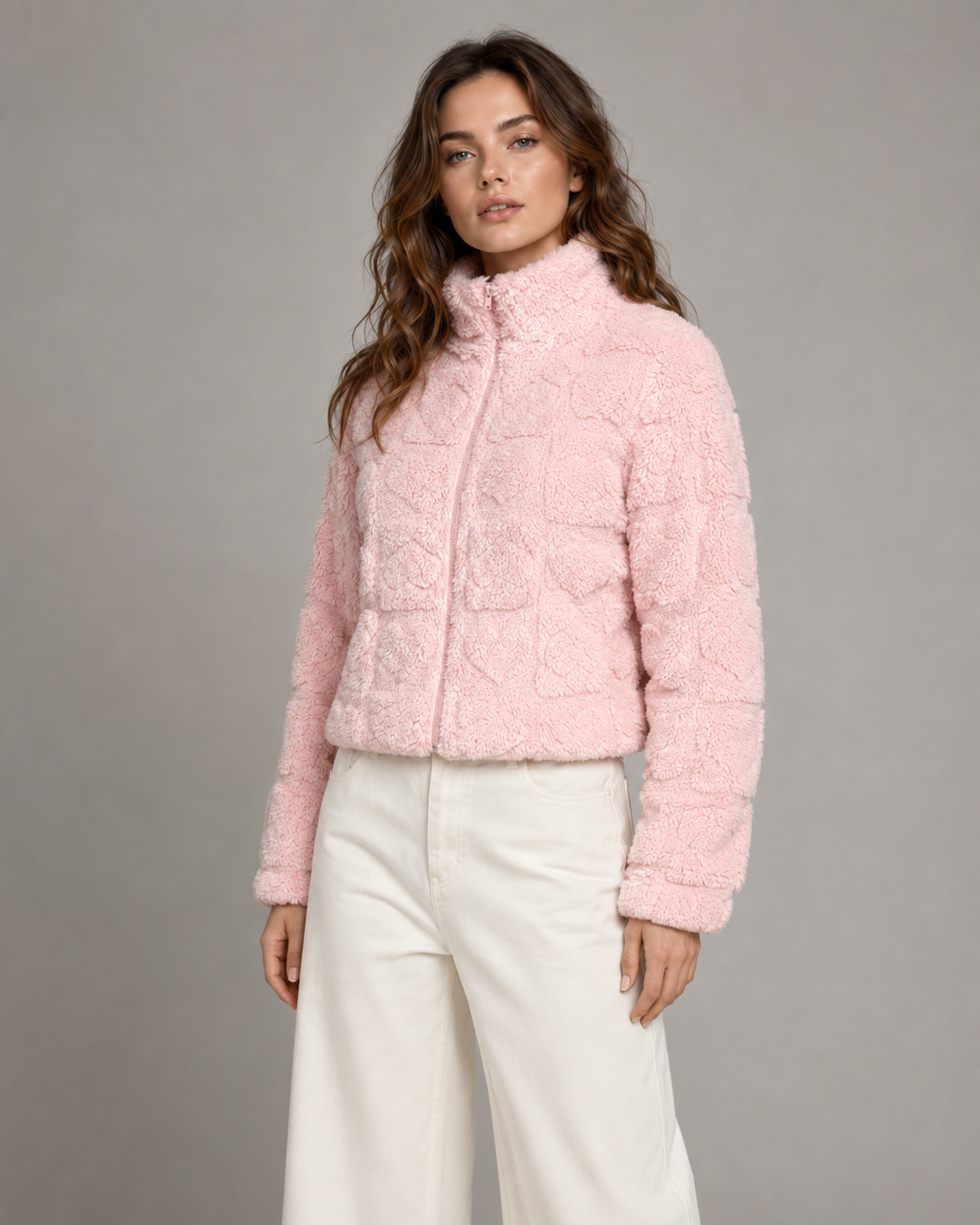 Women's Teddy Fleece Zip-Up Jacket - Pink Heart Pattern