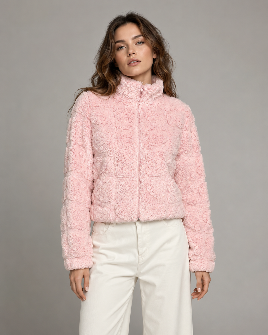 Women's Teddy Fleece Zip-Up Jacket - Pink Heart Pattern
