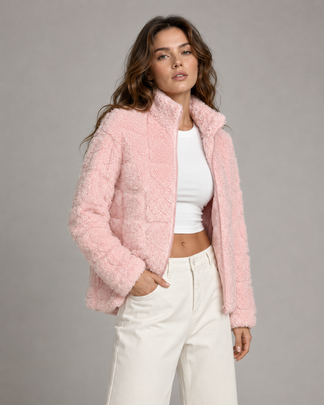 Women's Teddy Fleece Zip-Up Jacket - Pink Heart Pattern