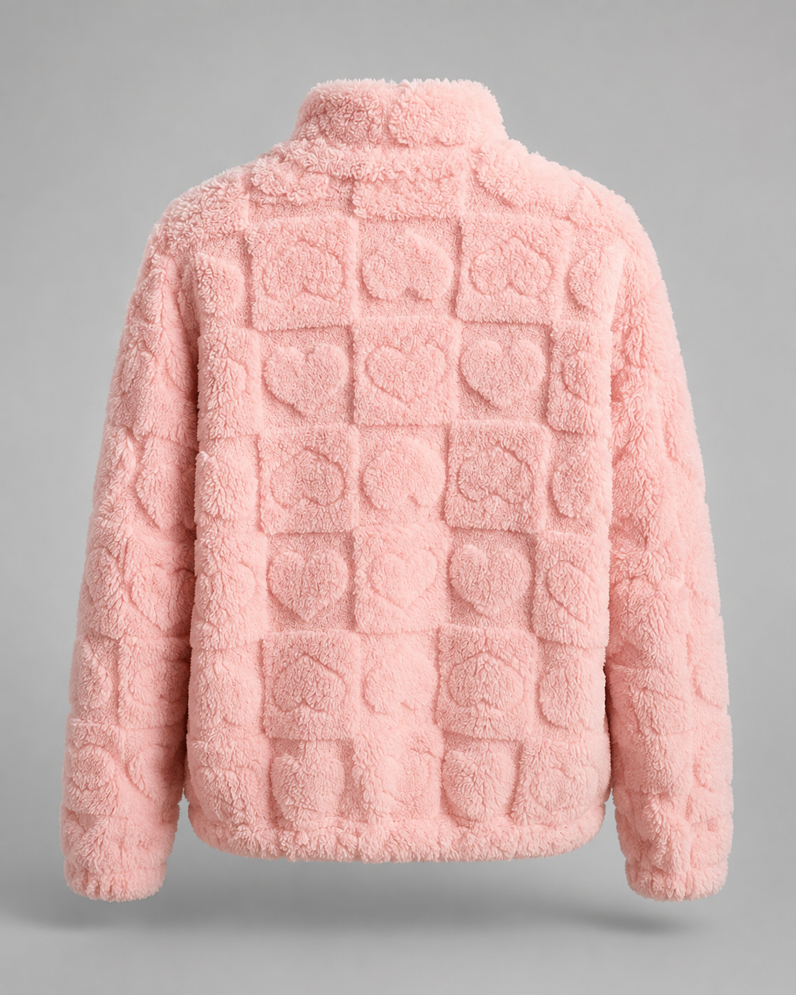 Women's Teddy Fleece Zip-Up Jacket - Pink Heart Pattern