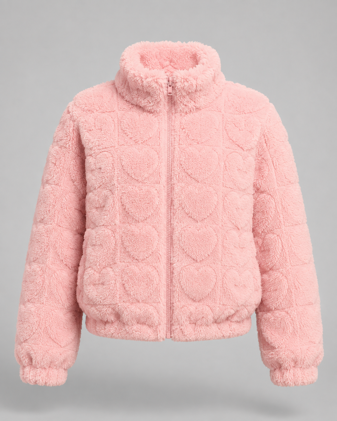 Women's Teddy Fleece Zip-Up Jacket - Pink Heart Pattern