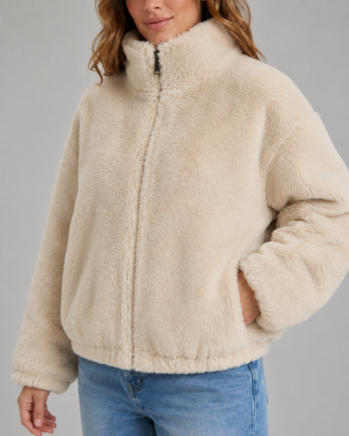 Women's Teddy Jacket - Funnel Neck Zip Front Cropped Fit