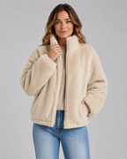 Women's Teddy Jacket - Funnel Neck Zip Front Cropped Fit