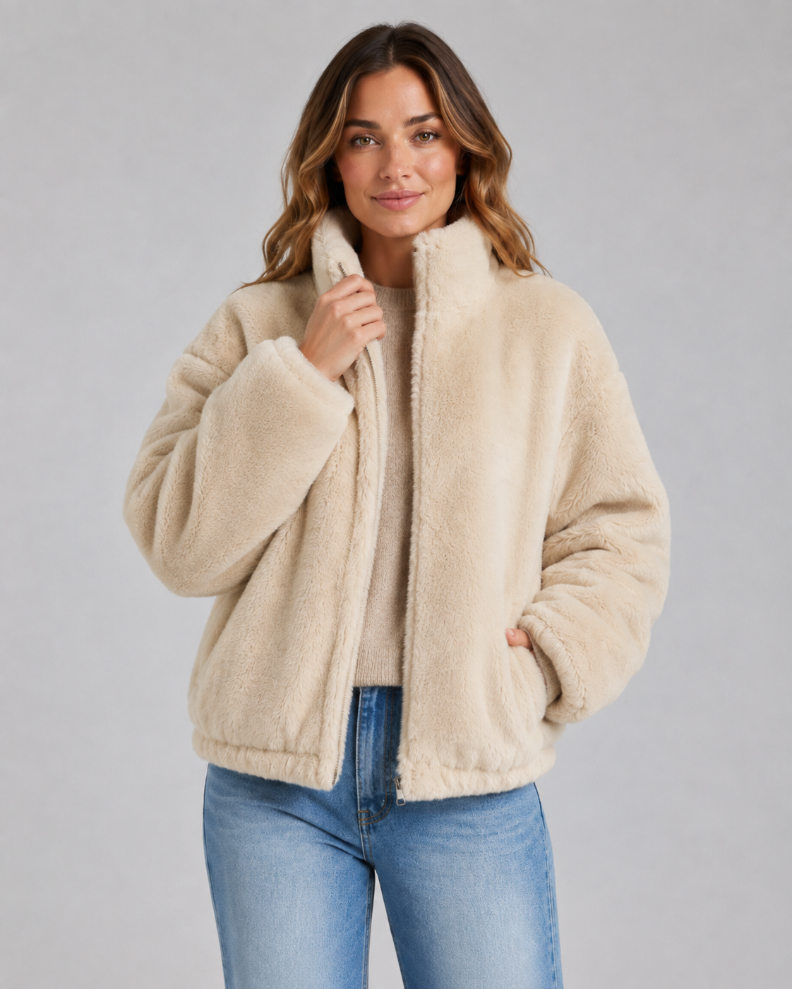 Women's Teddy Jacket - Funnel Neck Zip Front Cropped Fit