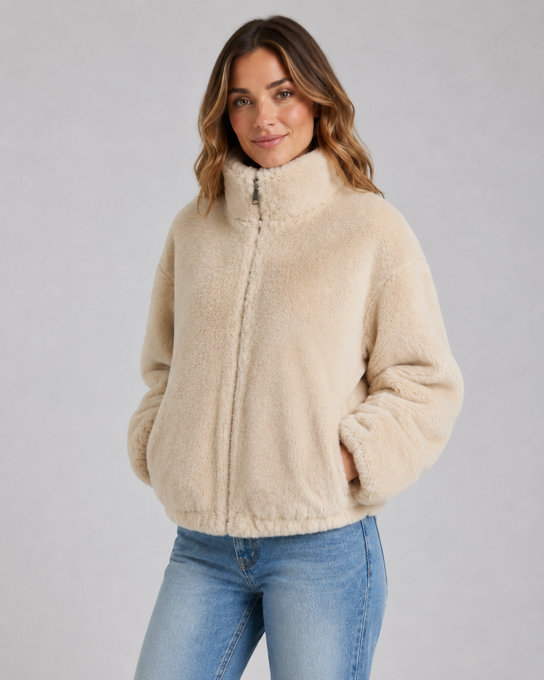 Women's Teddy Jacket - Funnel Neck Zip Front Cropped Fit