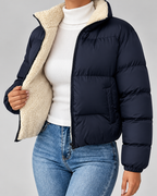 Women's Teddy-Lined Puffer Jacket - Short Quilted Stand Collar