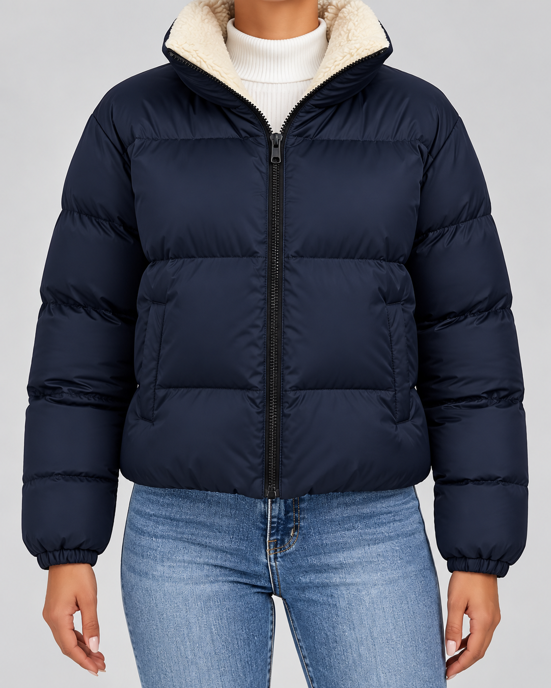 Women's Teddy-Lined Puffer Jacket - Short Quilted Stand Collar