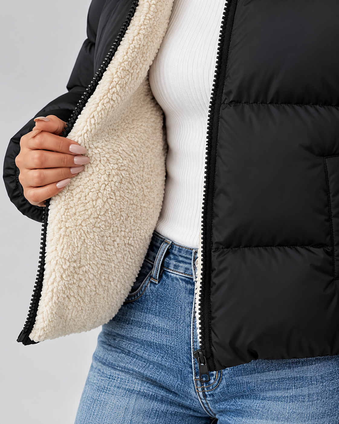Women's Teddy-Lined Puffer Jacket - Short Quilted Stand Collar