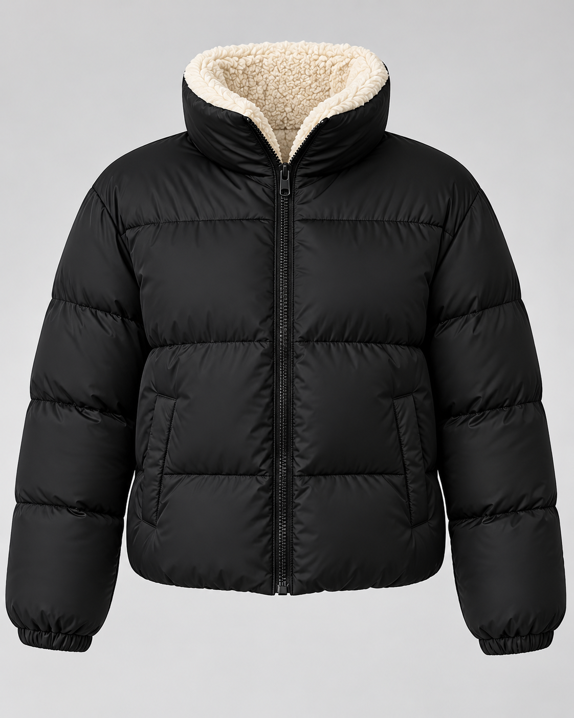 Women's Teddy-Lined Puffer Jacket - Short Quilted Stand Collar