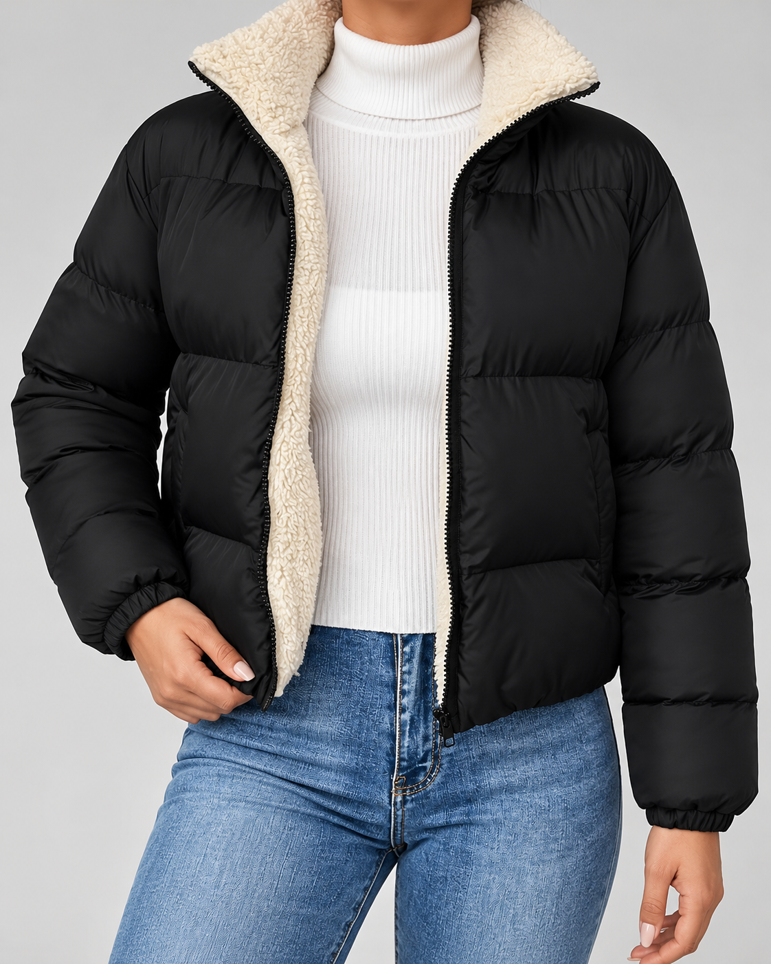 Women's Teddy-Lined Puffer Jacket - Short Quilted Stand Collar