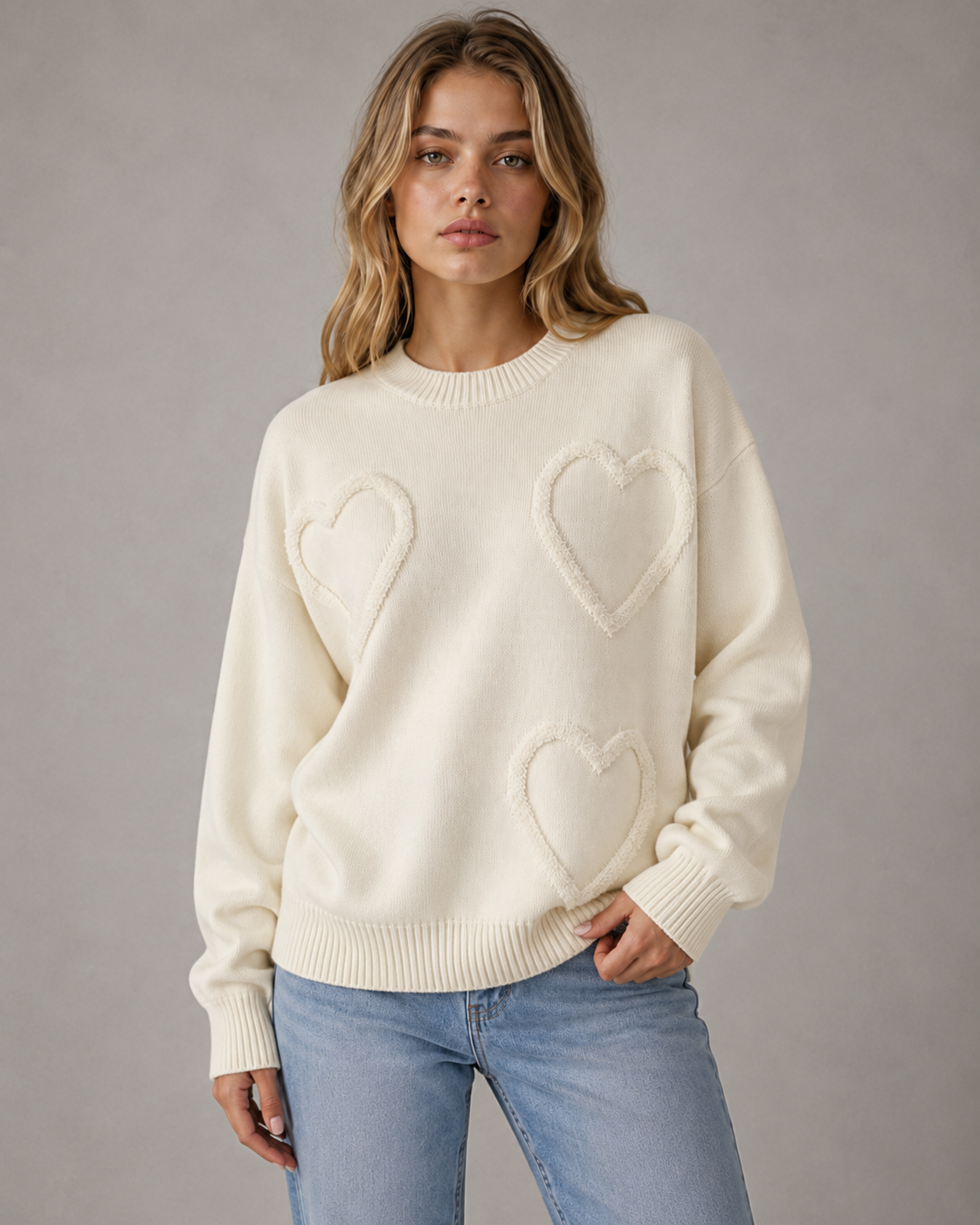 Women's Textured Heart Knit Sweater - Relaxed Drop Shoulder Fit